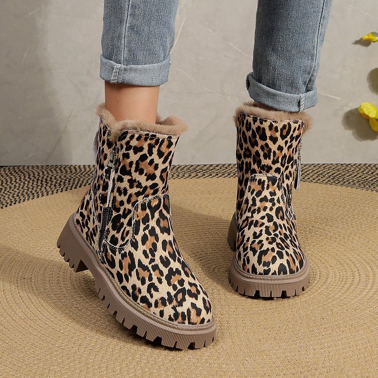 Plus Size Leopard Print Ankle Boots Women Round Toe Woolen Cotton Comfortable Flat