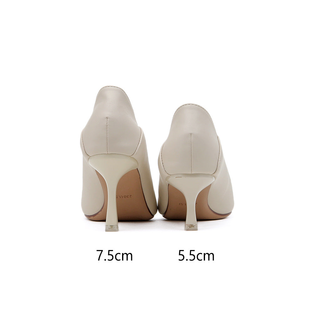 Pointed Toe Nude High Heels Soft Leather Solid Color Ladies