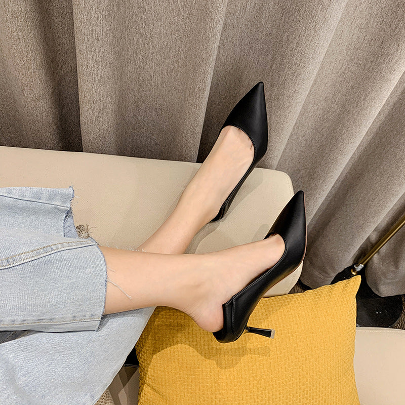 Pointed Toe Nude High Heels Soft Leather Solid Color Ladies