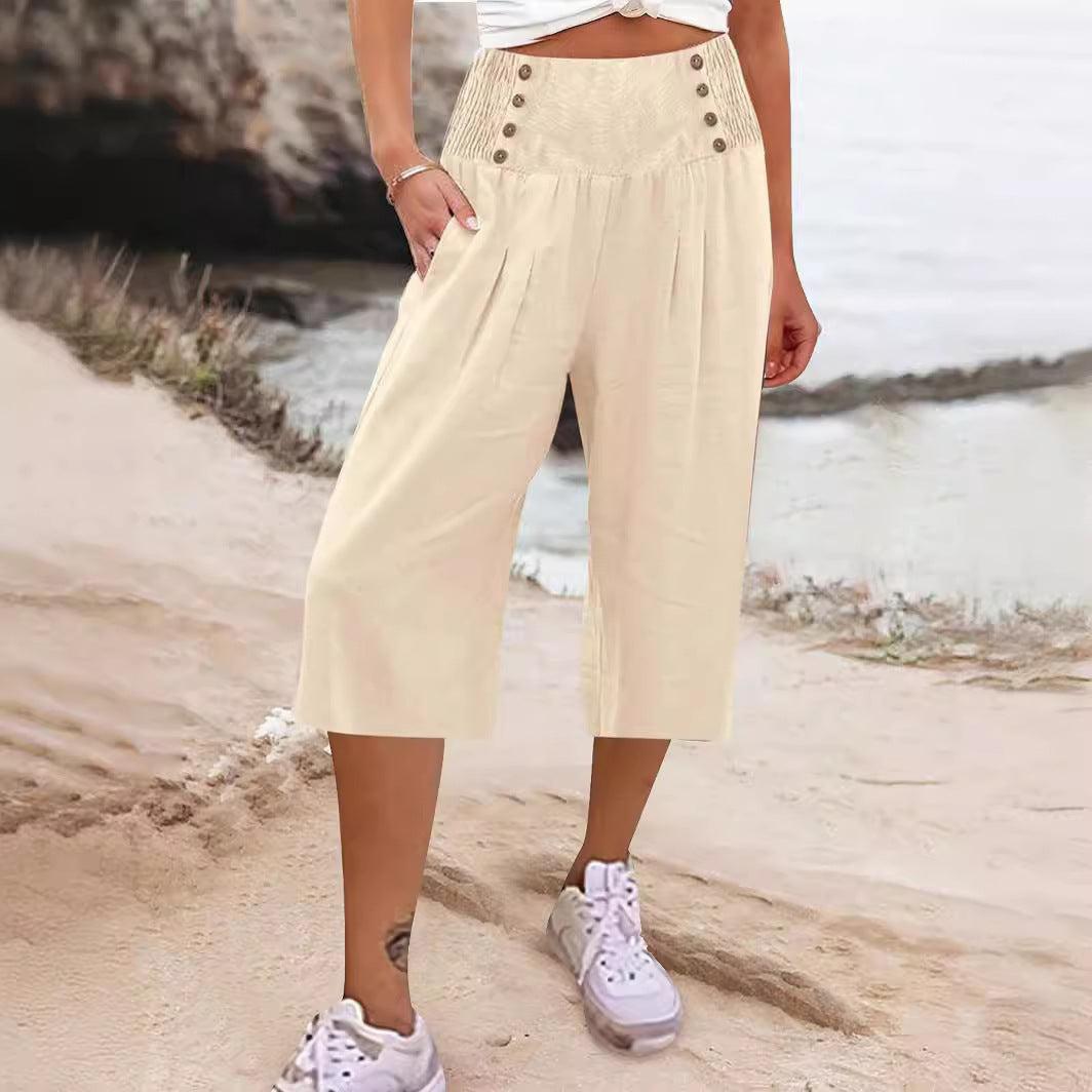 Women's Cotton And Linen Solid Color Buttons Loose Casual Cropped Pants