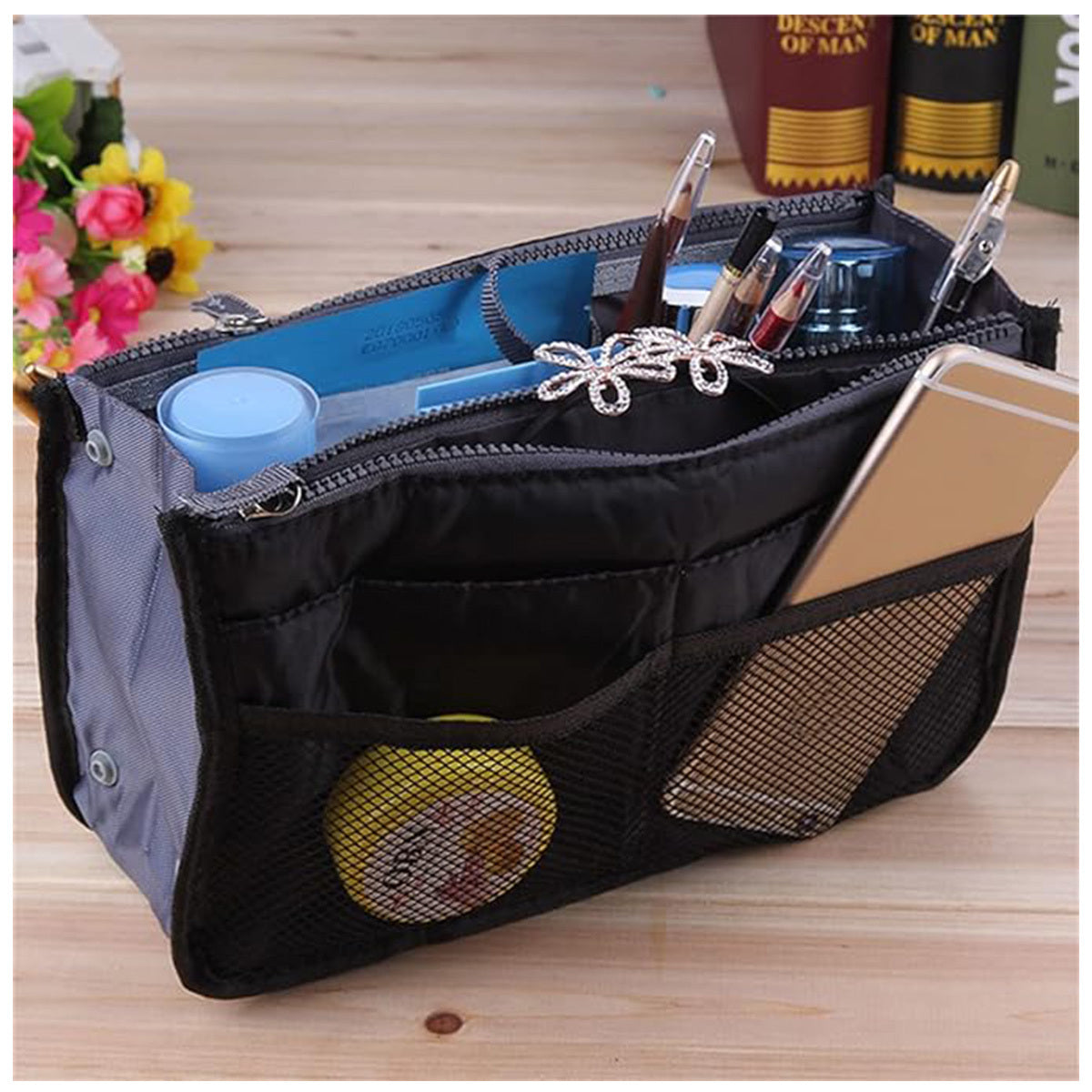 Handbag Organizer Insert For Women With 13 Pockets Large Capacity Lining Zipper Handle Portable Women's Purse Bag Travel Documents Cards Small Items