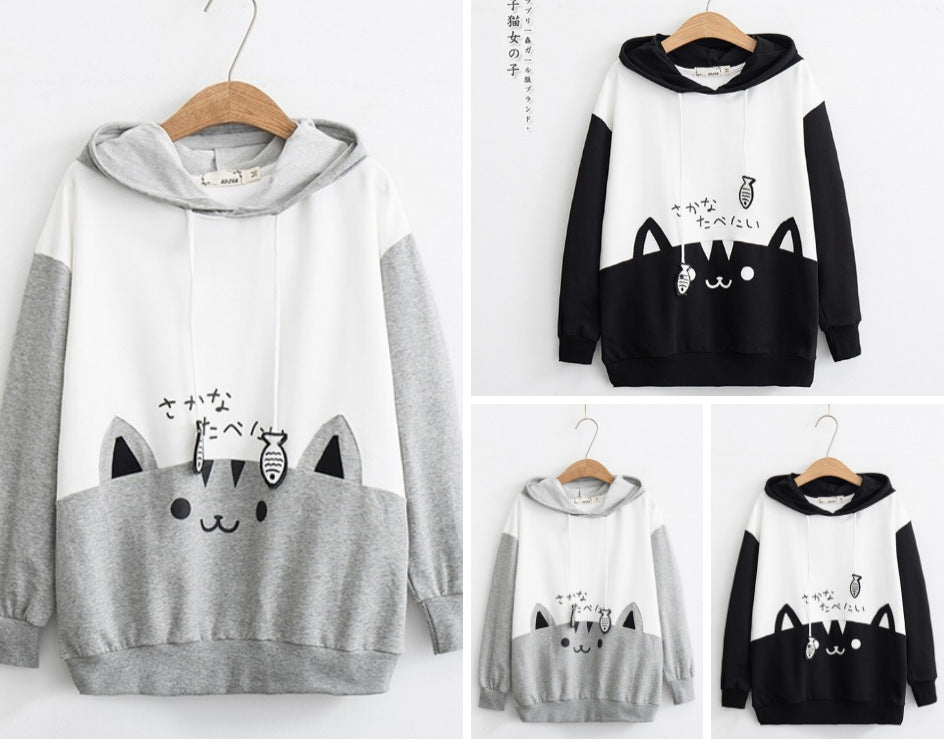 Japanese Mori female cartoon cat print hooded sweater long sleeve hoodie jacket women