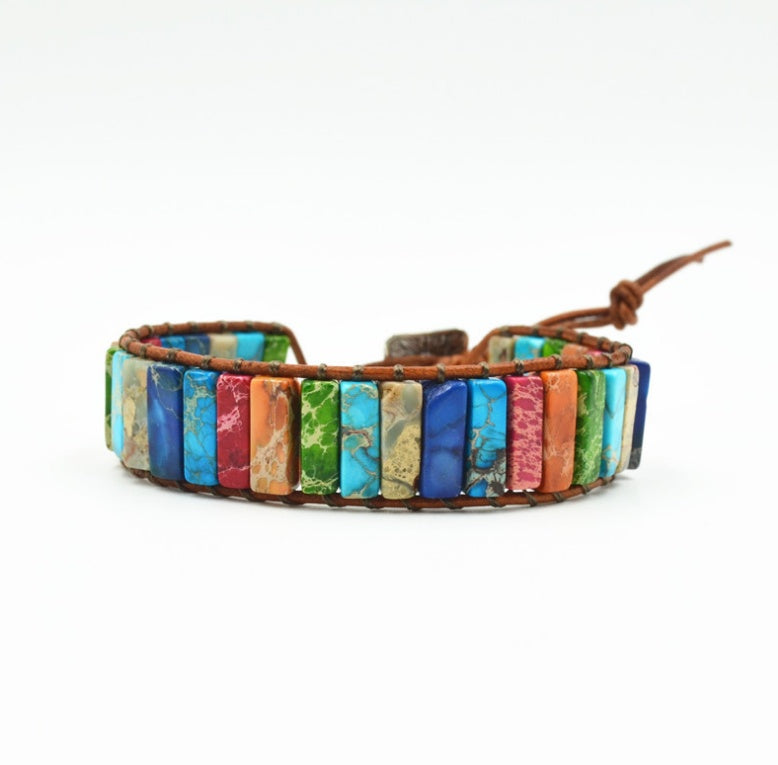 Colored Imperial Stone Hand-woven Single-layer Leather Bracelet Creative Ethnic Style Simple Bracelet