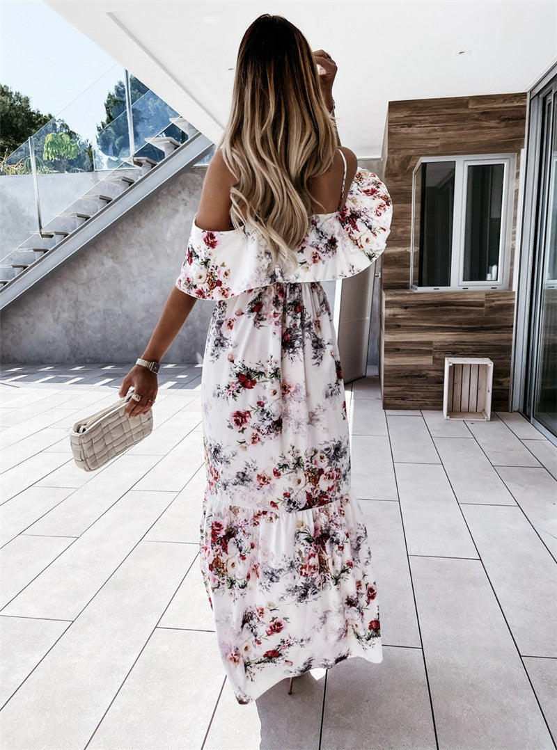 Off-the-shoulder Long Spaghetti-strap Floral Print Large Swing Dress