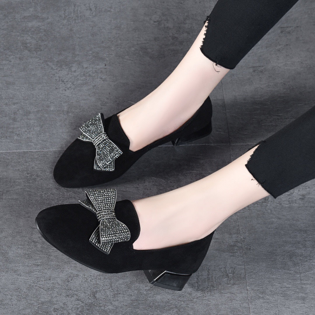 All-matching Round Toe Rhinestone Bow Leather Shoes