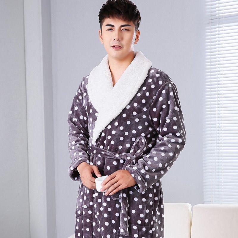 Thickened Polka Dot Robe Coral Fleece Nightgown Men's Bathrobe Pajamas