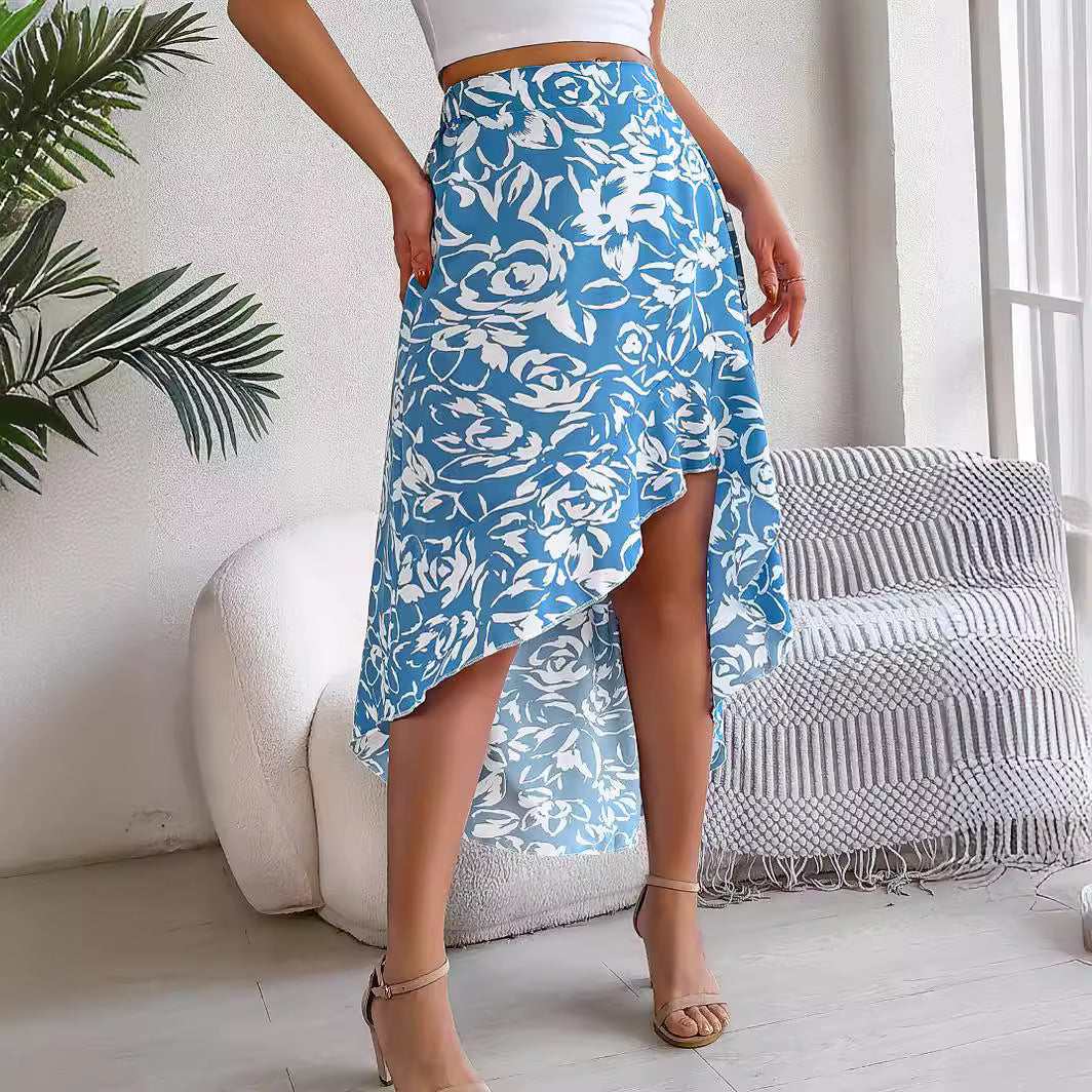 Summer Flower Ruffled Mid-length Irregular Skirt