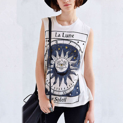 Summer new print T-shirt female round neck sleeveless pattern T-shirt
