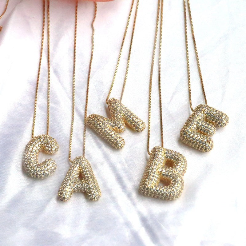 Brass Zircon Bubble Balloon Letter Pendant Necklace For Women