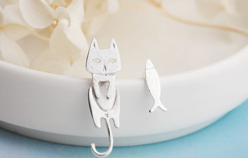 S925 Sterling Silver Stud Earrings Fashion Detachable Cat Fish Pin Studs Cute Comet Silver Earrings