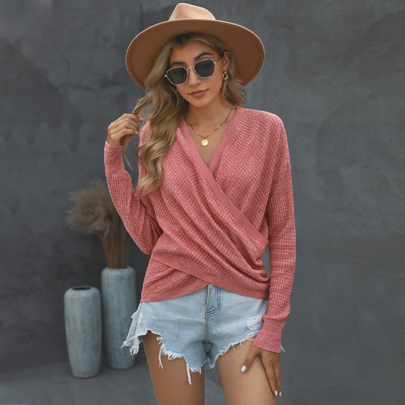 Solid Color And V-neck Knitted Sweater Women's Simple Fashion In Europe And America Long-sleeved Top