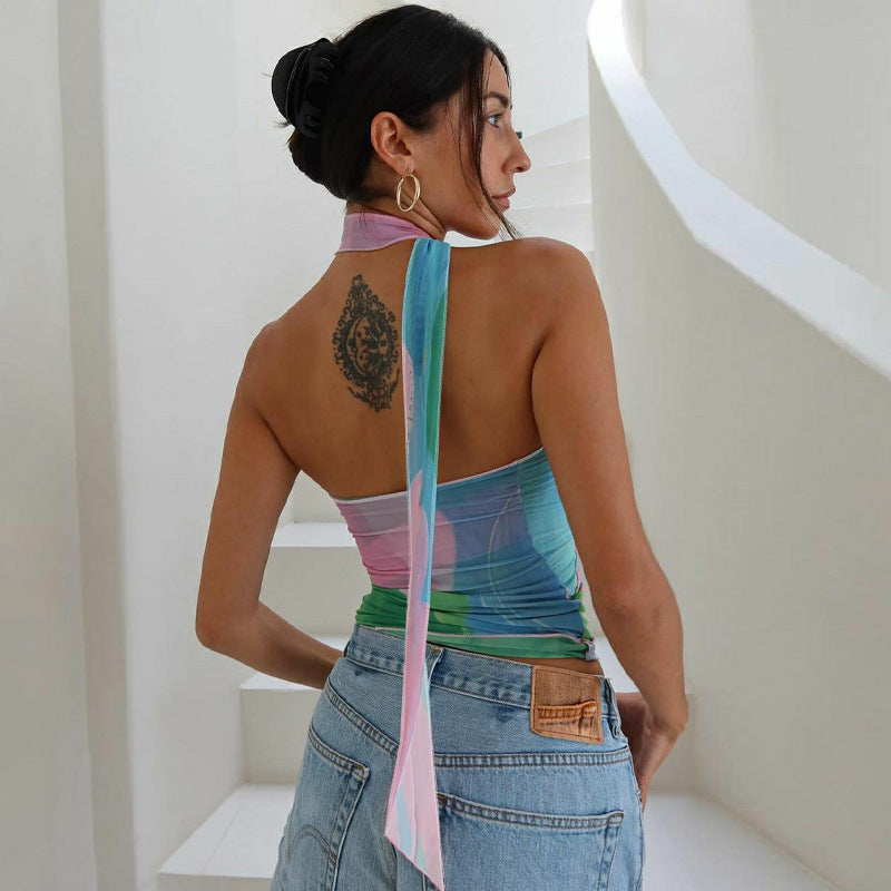 Summer New Fashion Printed Ribbon-free Top Ladies