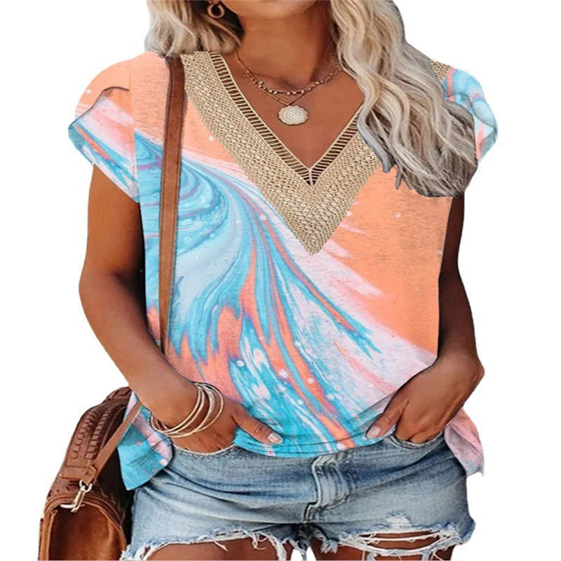 European And American Summer Lace Edge V-neck Printed Casual T-shirt Top