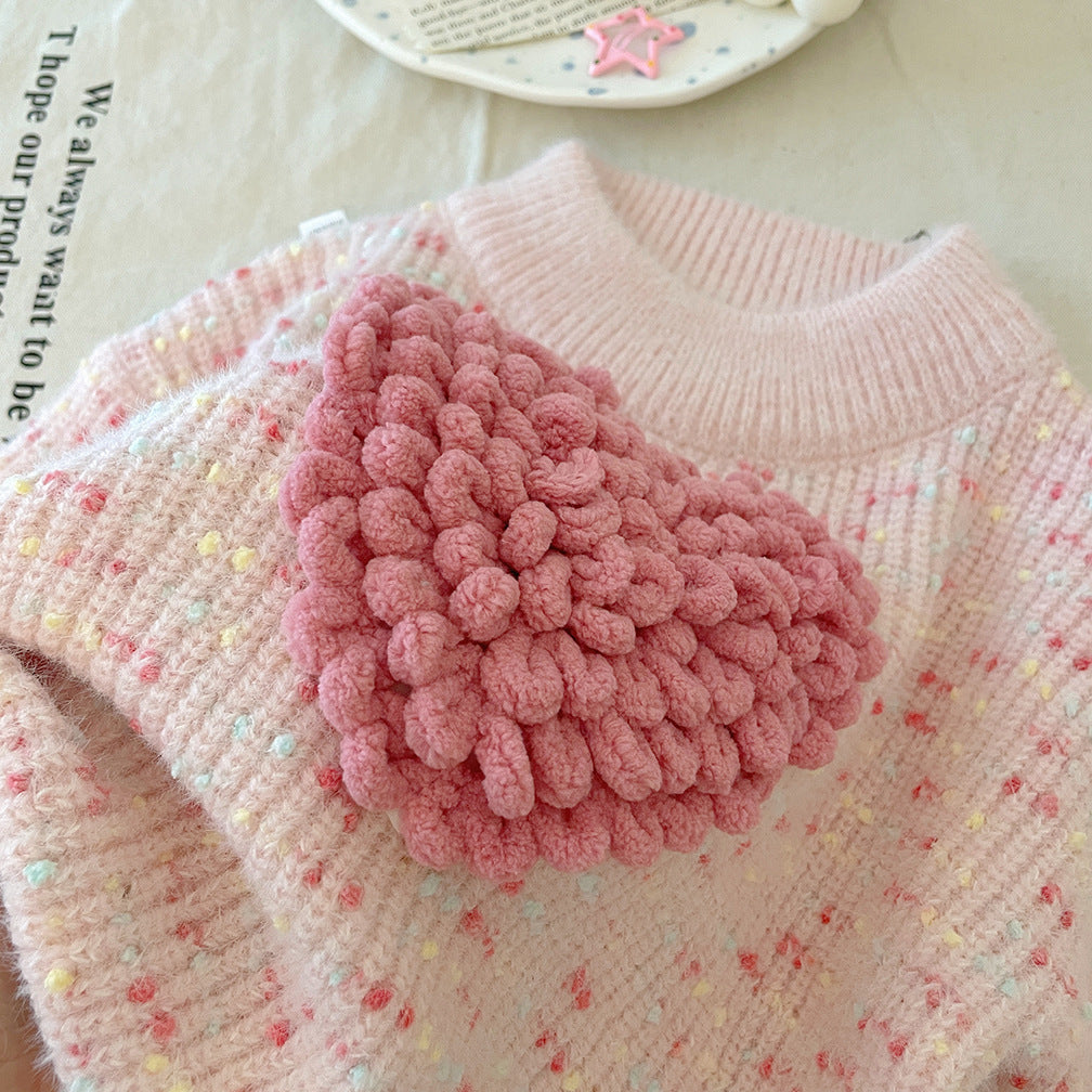 Three-dimensional Furry Heart-shaped Colorful Knitted Pullover Thick Sweater