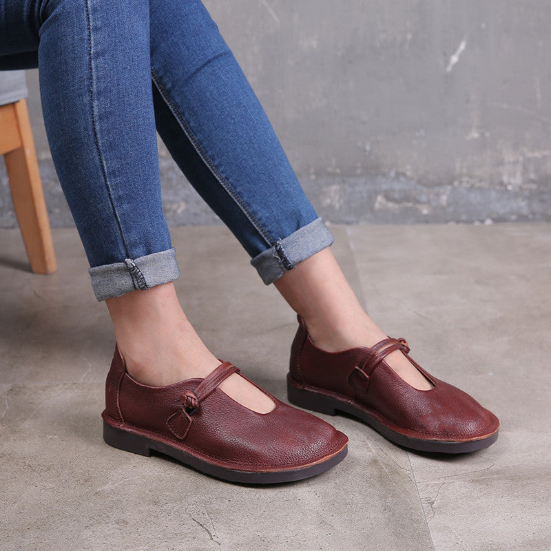 Retro Art Cotton Leprosy Button National Style Round Head Soft Bottom Cow Leather Women's Shoes