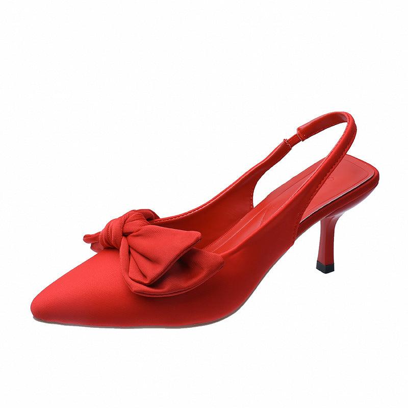 Pointed Thin Heeled High Heeled Single Shoe With An Empty Toe Bow At The Back