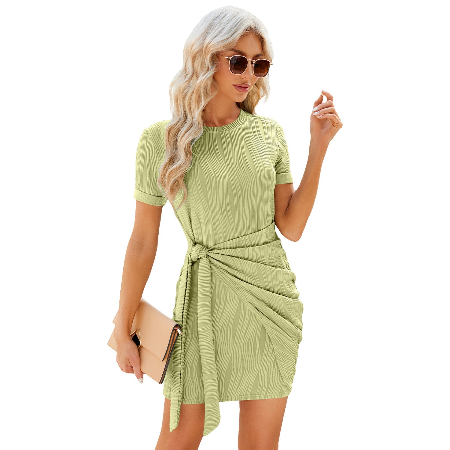 Solid Color Round Neck Pleated Lace-up Short Sleeve Knitted Dress
