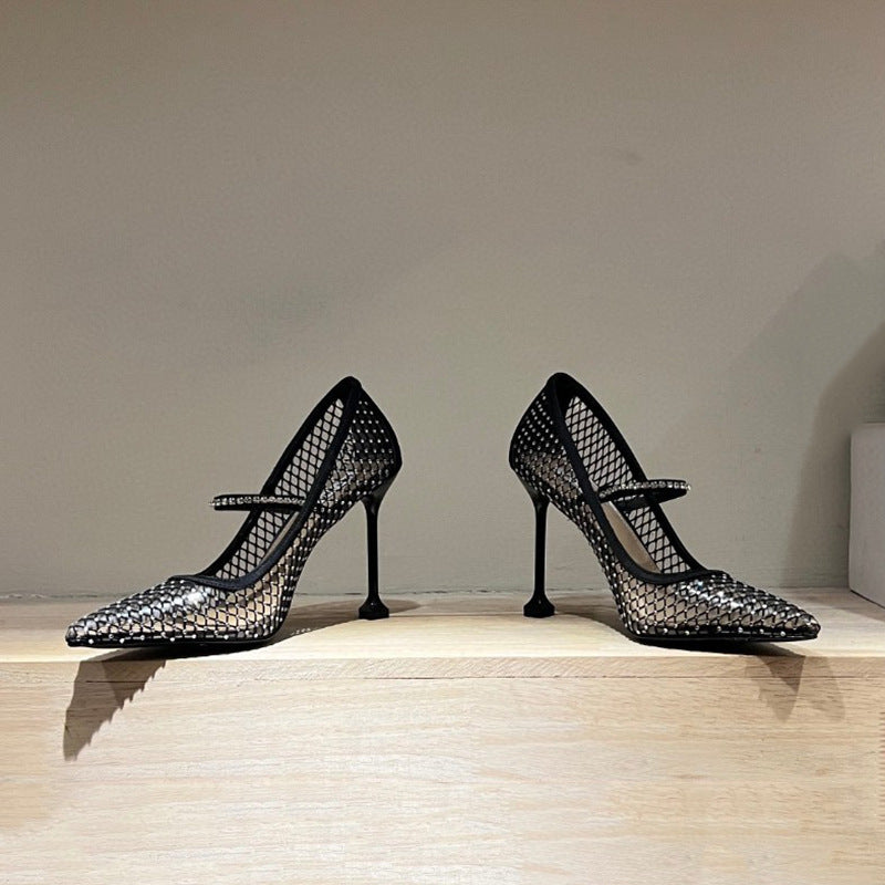 Spring And Summer New Pointed-toe Super High Heel Rhinestone Mesh Shoes