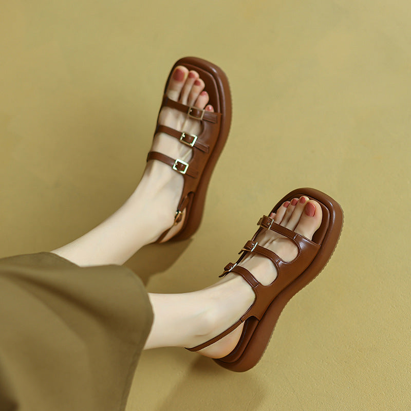 Women's Retro Roman Sandals With With Platform Belt Buckle
