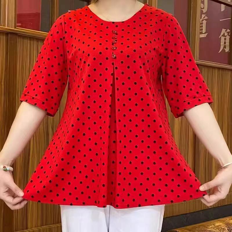 Round Neck Temperament Youthful-looking Korean Style Plus Size Medium Long Shirt Women's Polka Dot T-shirt
