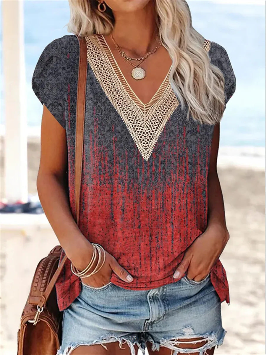 European And American Summer Lace Edge V-neck Printed Casual T-shirt Top