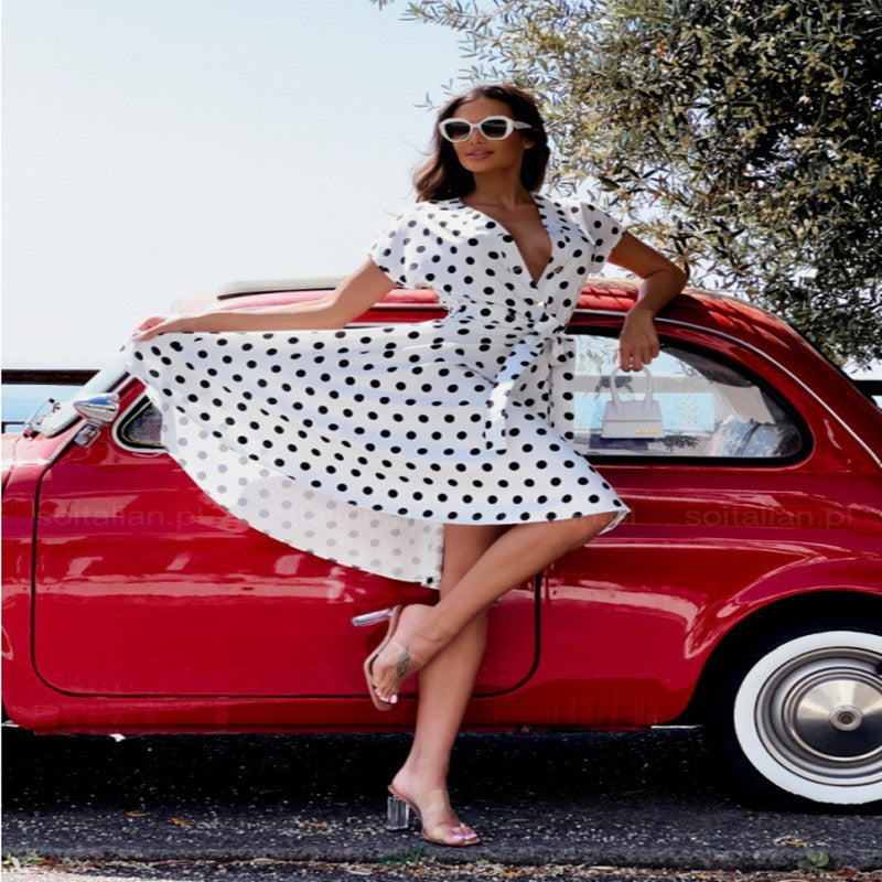 New Fashion Polka-dot Cinched Printing Dress
