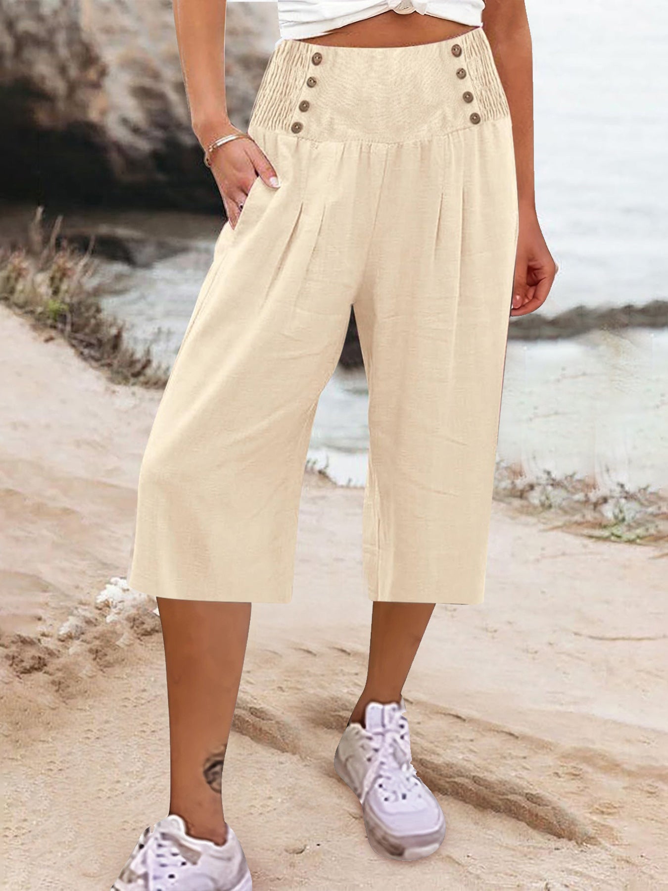Women's Cotton And Linen Solid Color Buttons Loose Casual Cropped Pants