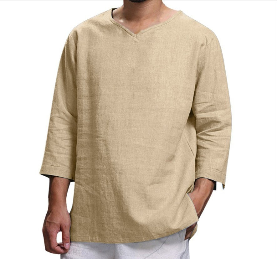 Loose Casual V-neck Top Cotton And Linen Long Sleeve Shirt Mens Clothing