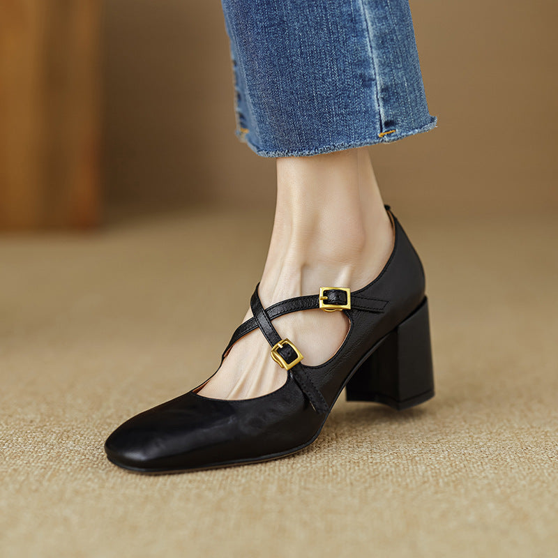 Super Textured Cross-strap Square Toe Chunky Heel Temperament Mary Jane Shoes