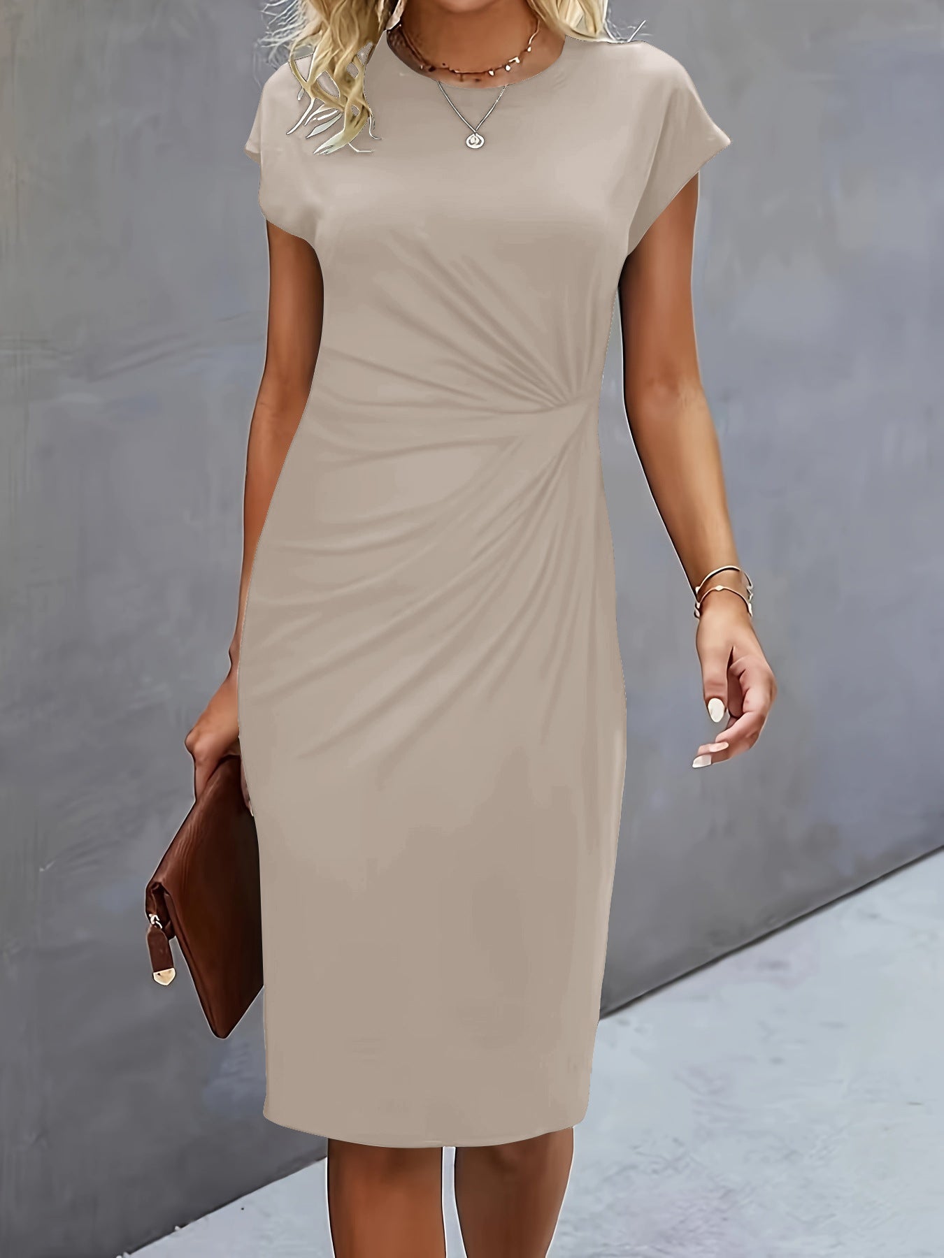 Women's Casual Tight Front Knot Round Neck Mid-length Dress