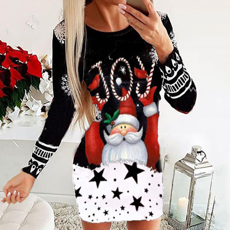 Long Sleeve Round Neck Pullover Christmas Print Dress