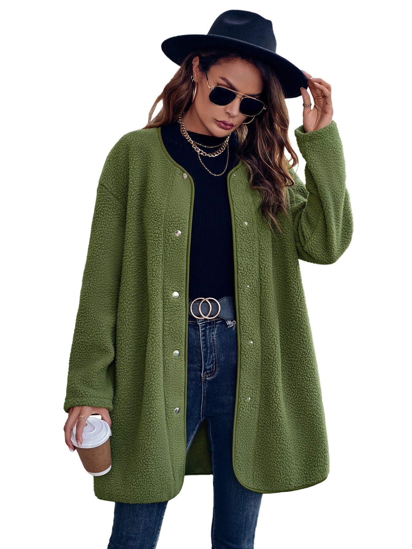 Women's Casual Solid Color Round Neck Single Breasted Long Sleeved Jacket