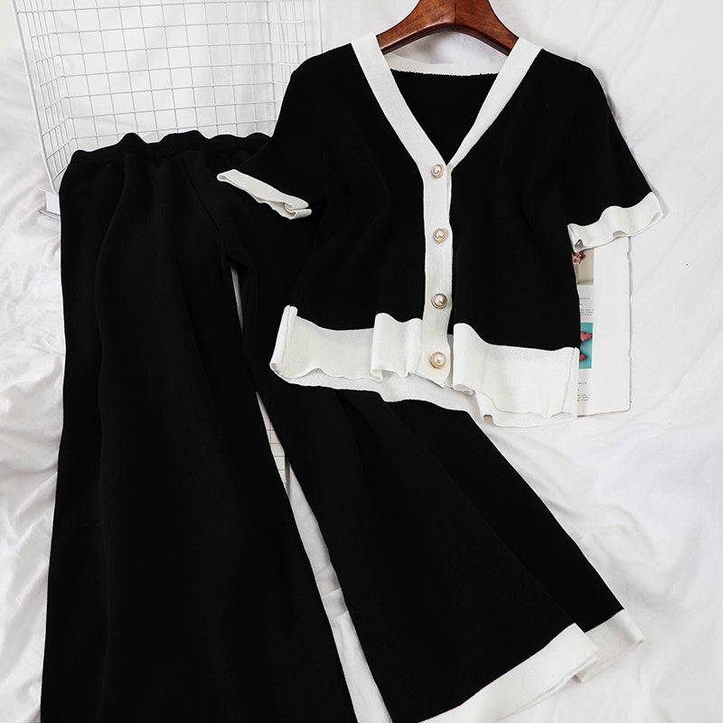 Black and white color matching small fragrance knit suit