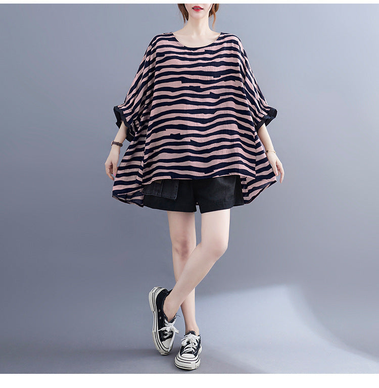 Summer Women's Loose Plus Size Striped Batwing Sleeve T-shirt