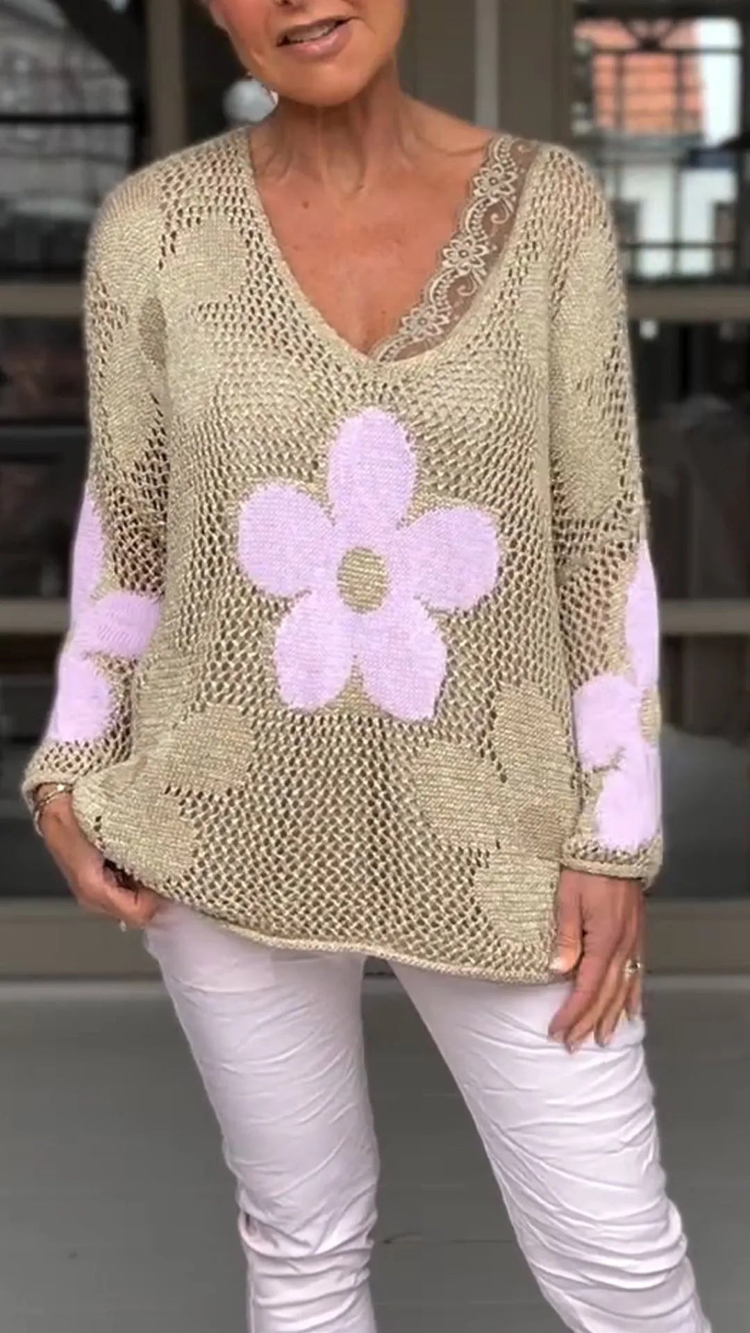 Floral Knitted Hollow Out V-neck Shirt