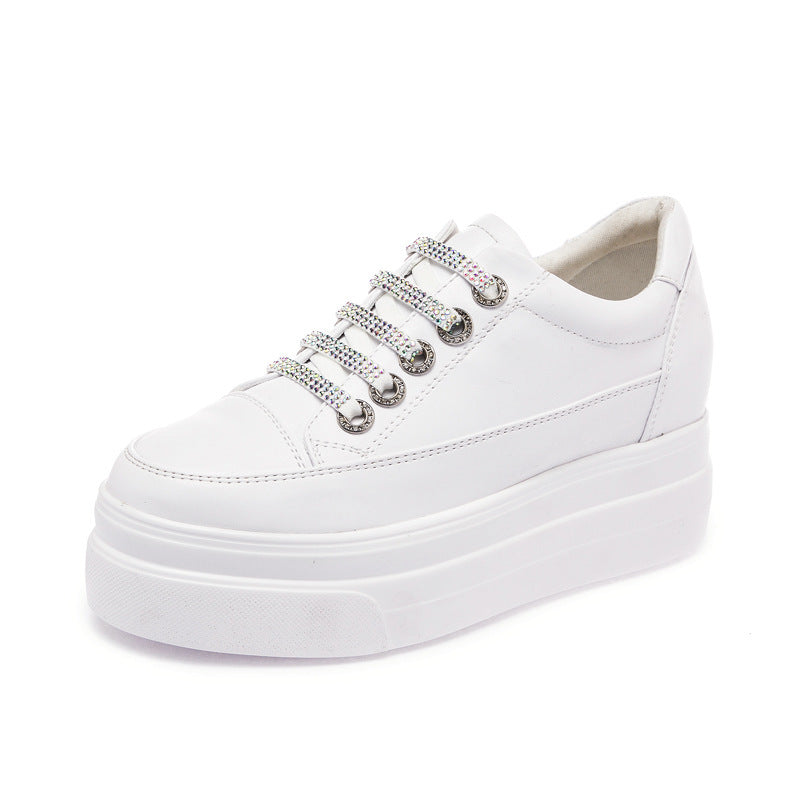 Genuine Leather Platform Versatile Casual Breathable White Muffin Height Increasing Insole Women's Board Shoes