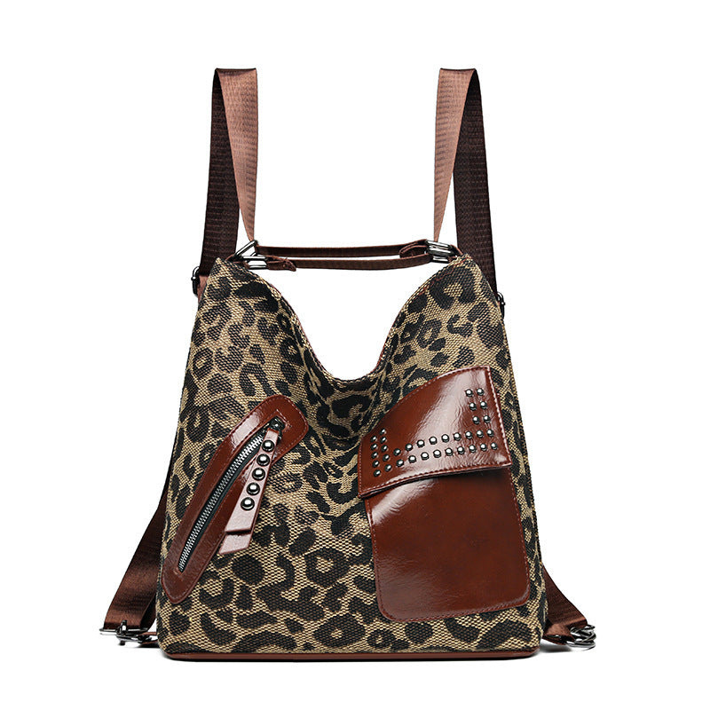 Houndstooth Backpack Women Fashion Rivet Design Leopard Shoulder Bags
