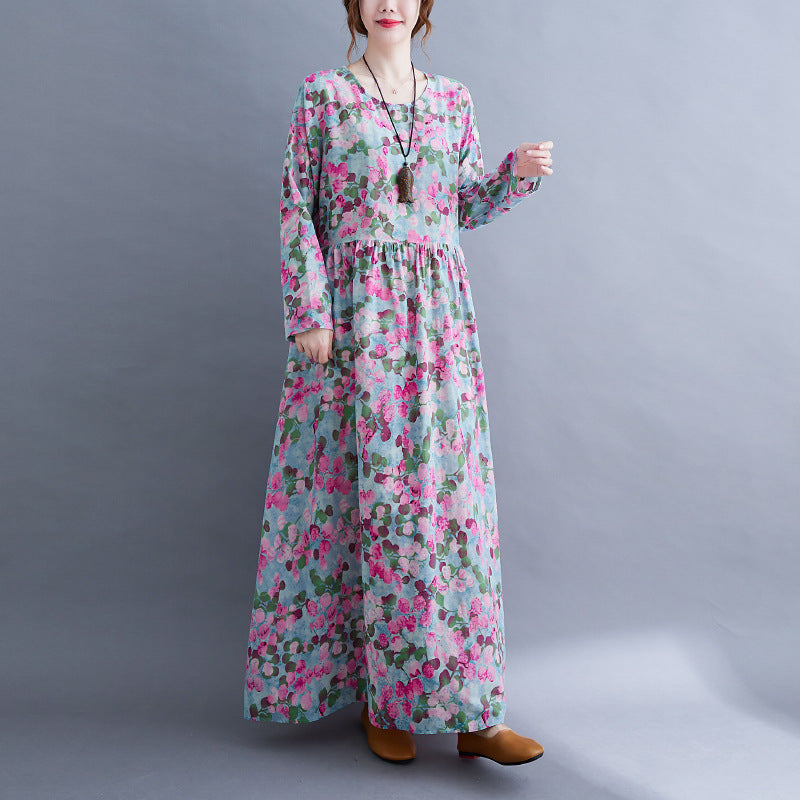 Artistic Retro Cotton And Linen Plus Size Printed Round-neck Long-sleeved Dress