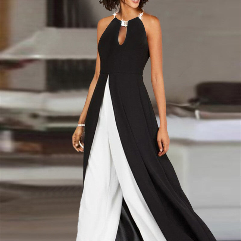 Women's Fashion Color Contrast Black Round Neck Sleeveless Jumpsuit
