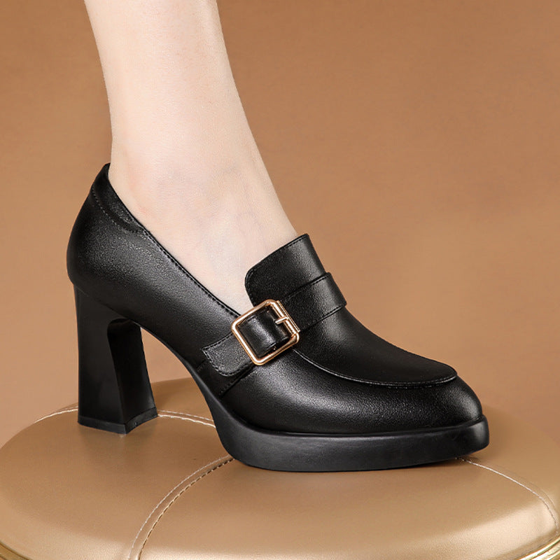 Comfortable European And American Low-cut Fashion Square Buckle British Style High Heels