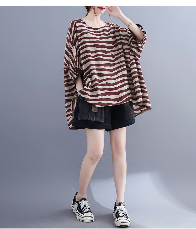 Summer Women's Loose Plus Size Striped Batwing Sleeve T-shirt