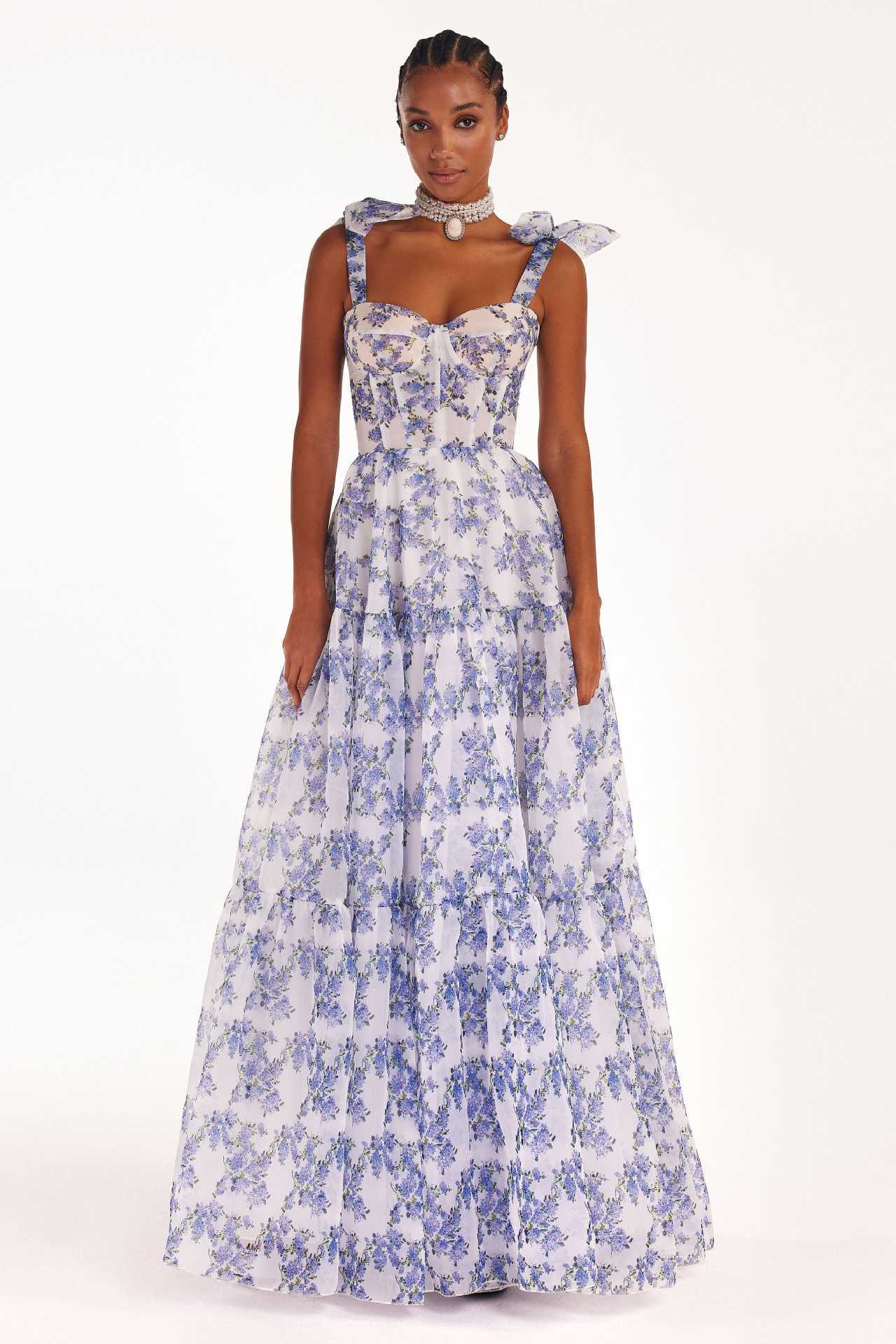 Floral Off-the-shoulder Strap Lace-up Large Swing Skirt Organza Dress