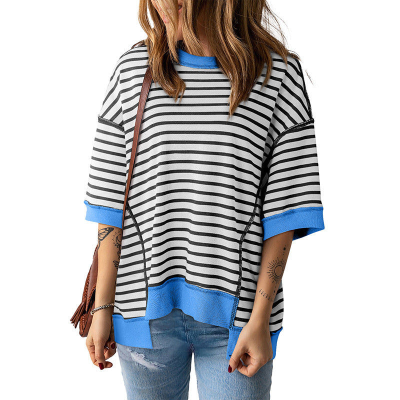 Women's Striped Color Matching Short-sleeved T-shirt