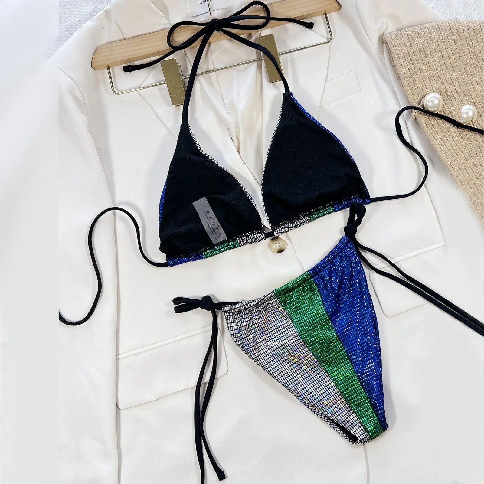 Solid Color Stitching Ruffle Hollow Bikini