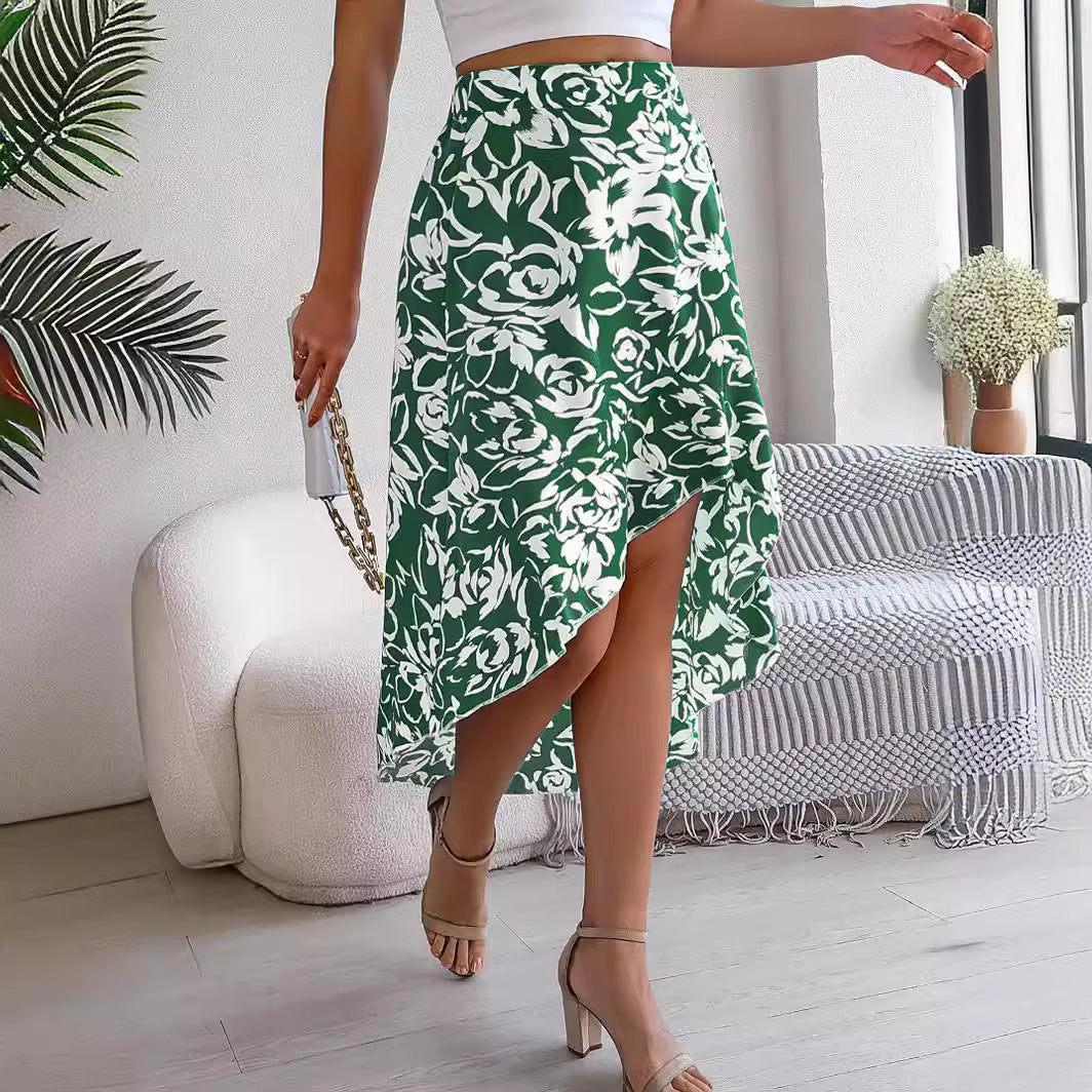 Summer Flower Ruffled Mid-length Irregular Skirt