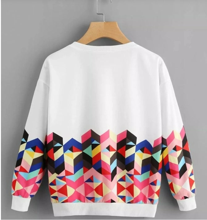 Women's round neck geometric printing zipper decoration long sleeve sweater