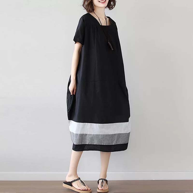 Cotton And Linen Short Sleeve Dress Large Size Women's Mid Length