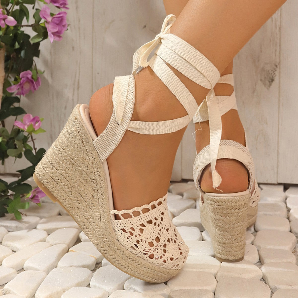 Women's Straw Woven Wedge High Heels Lace Lace-up Sandals