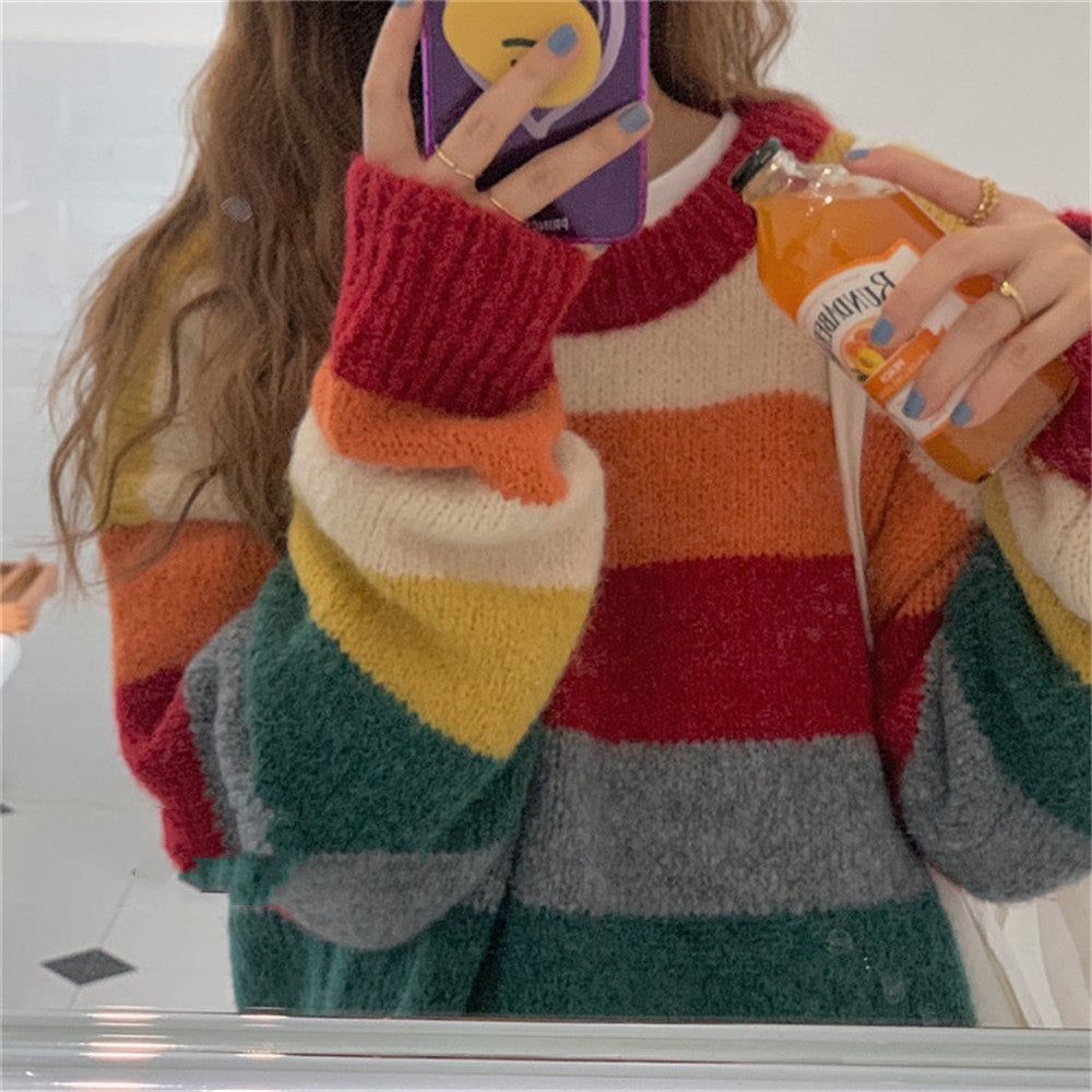Women's Fashion Personality Rainbow Knitted Cardigan
