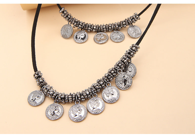 European And American Retro Style Double Layer Wax Rope Alloy Accessories Necklace